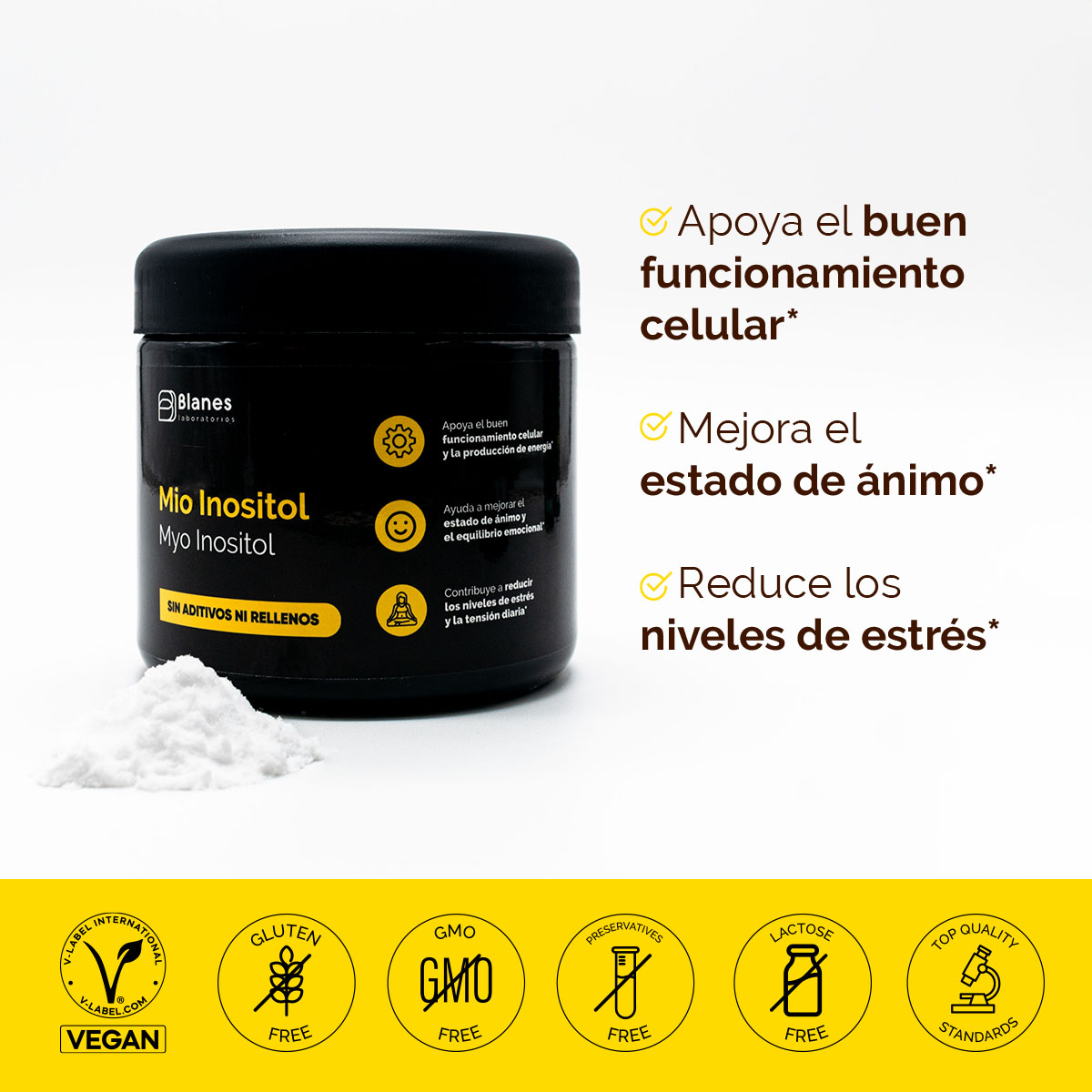 Mio Inositol - apoya el buen funcionamiento celular. Mejora el estado de ánimo. Reduce los niveles de estrés