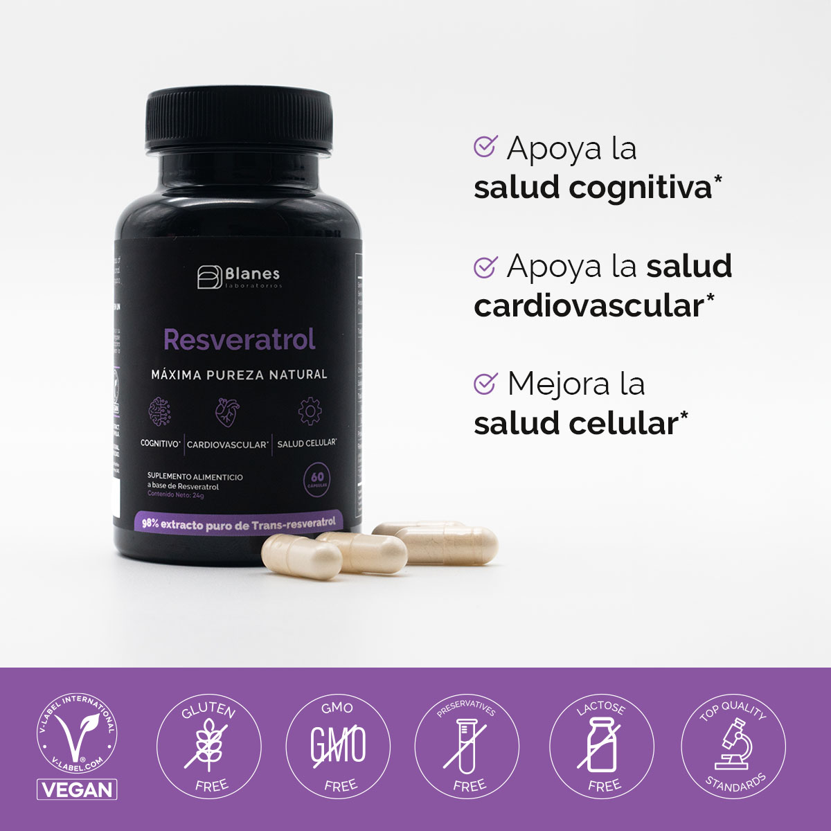 Resveratrol - 60 cápsulas. Apoya la salud cognitiva. Apoya la salud cardiovascular. Mejora la salud celular.