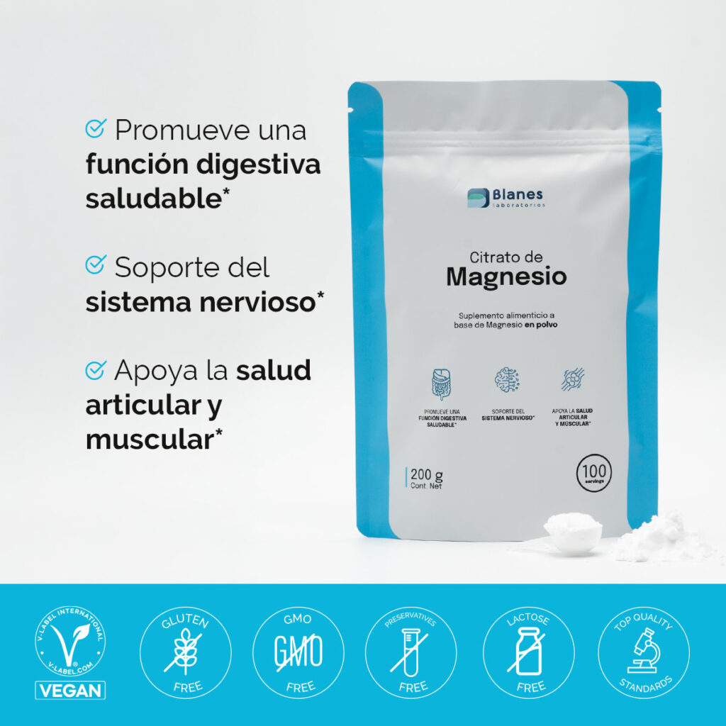 Citrato de Magnesio - función digestiva, soporte del sistema nervioso, salud articular y muscular