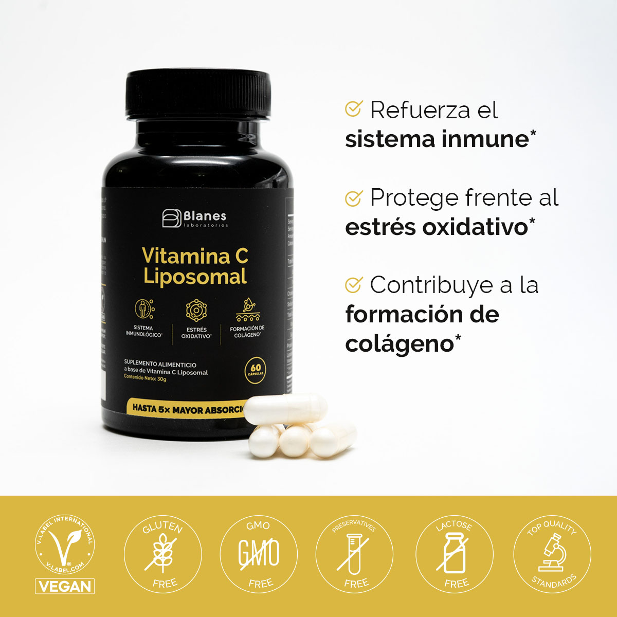 Vitamina C Liposomal - refuerza el sistema inmune. Protege frente al estrés oxidativo. Contribuye a la formación de colágeno